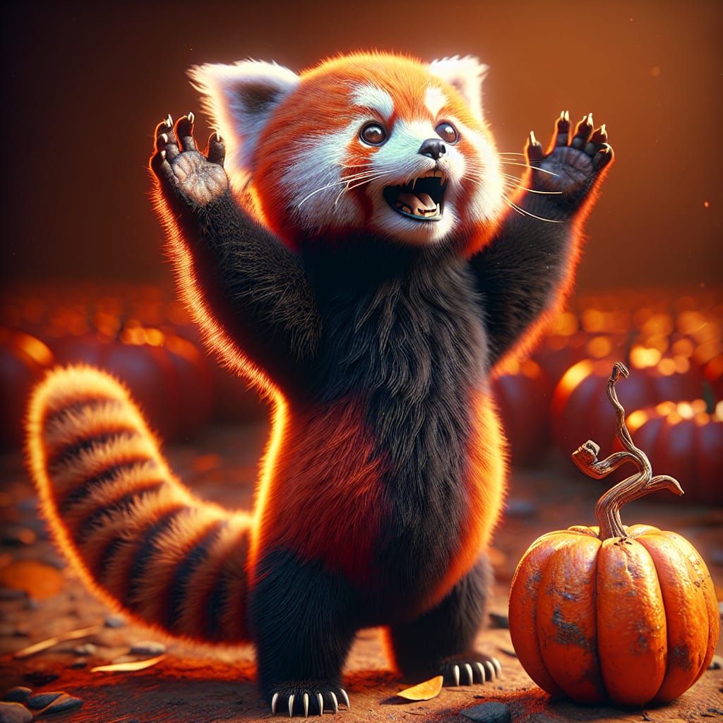 Excited Red Panda with Pumpkin in Hyperrealistic Style
