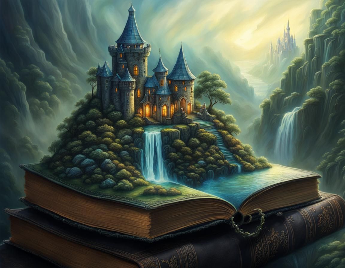 Miniature Castle on Books: Fantasy Illustration