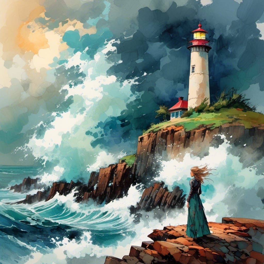 Stormy Lighthouse Island: Watercolor Impressionist Portrait