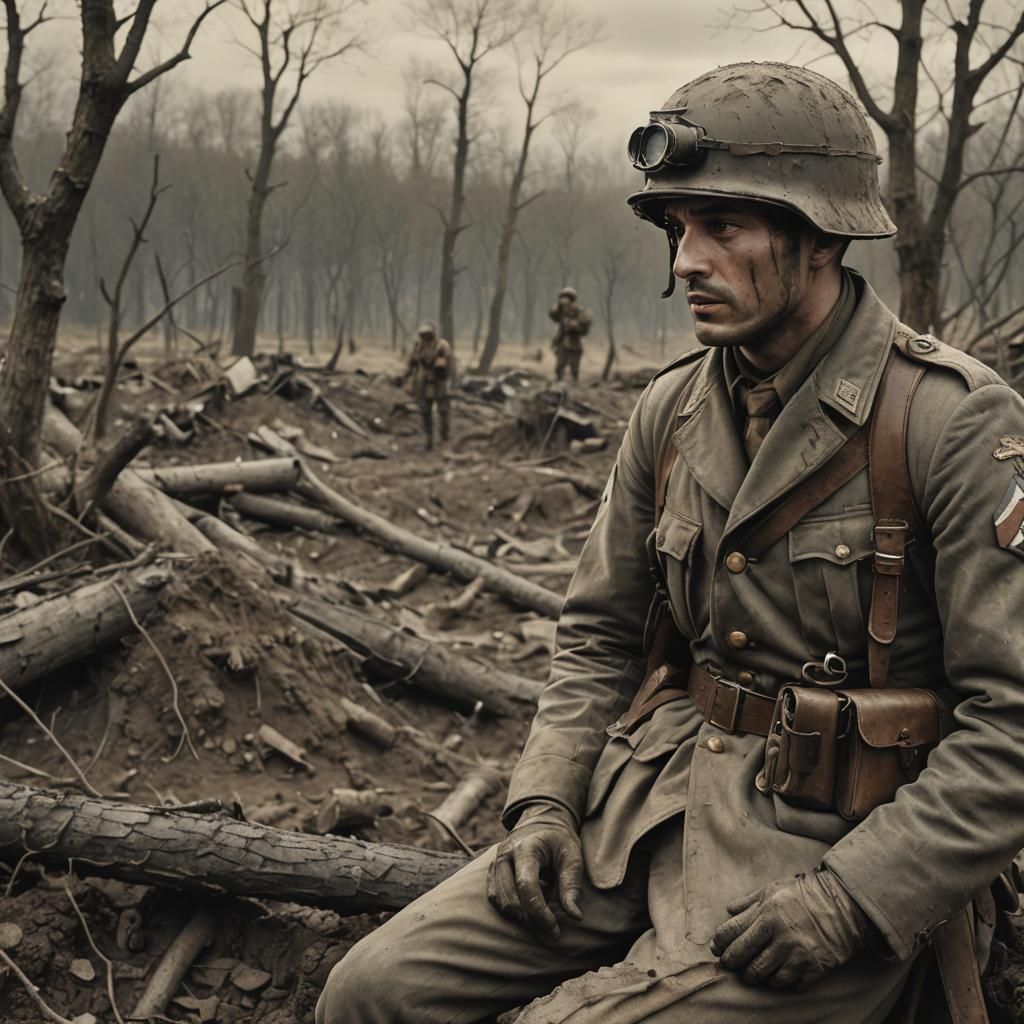 Italian Soldier Surveys Ruined Battlefield in Earth Tones