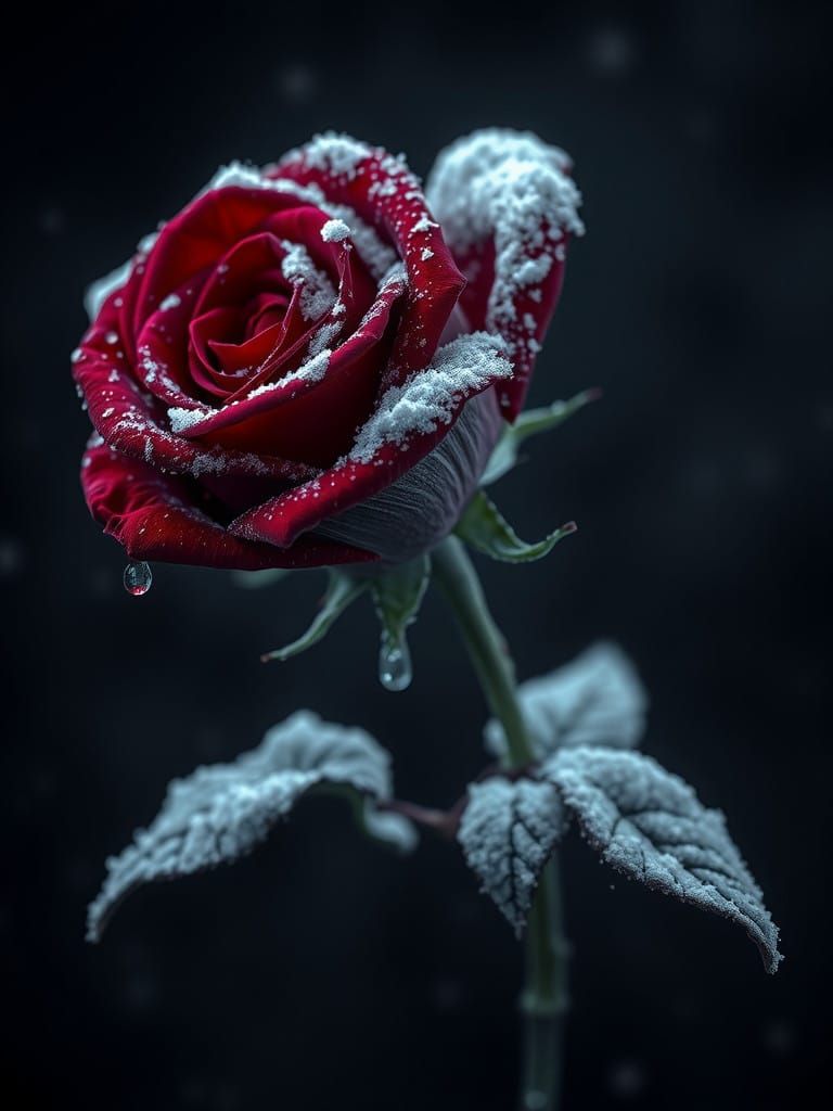 Velvety Snow-Covered Rose in Macabre Beauty