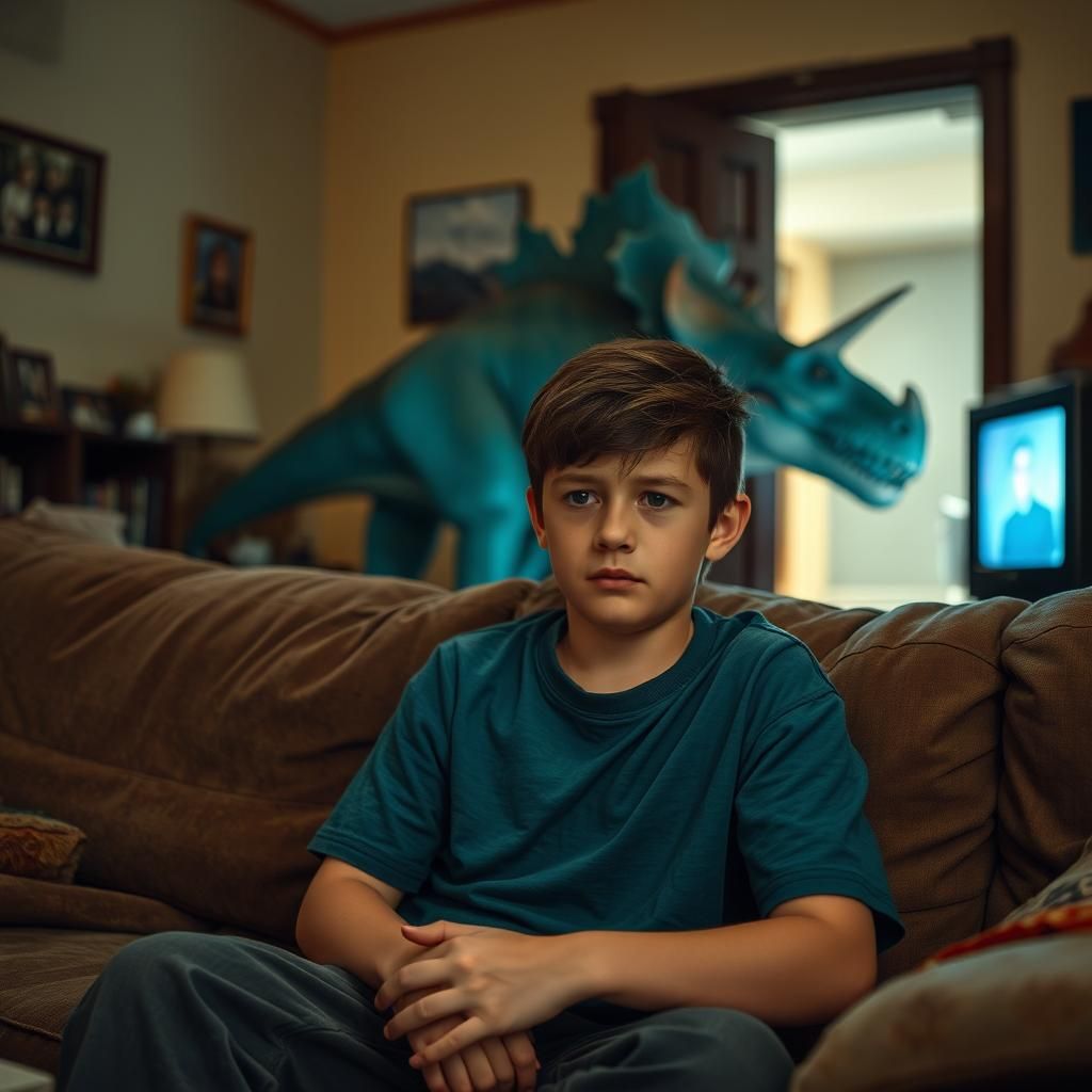 Boy's Calm Worry as Triceratops Rampages
