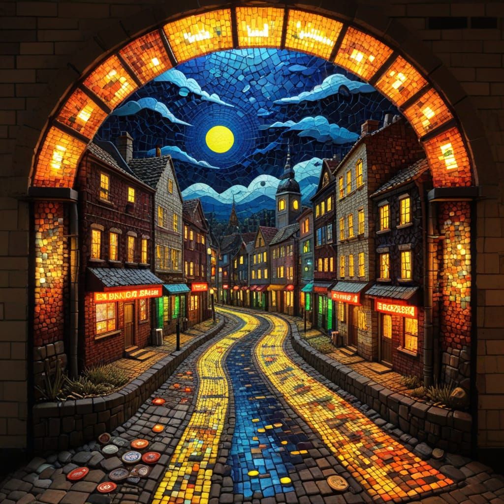 Surreal Bottle Cap Cityscape in Mosaic Style