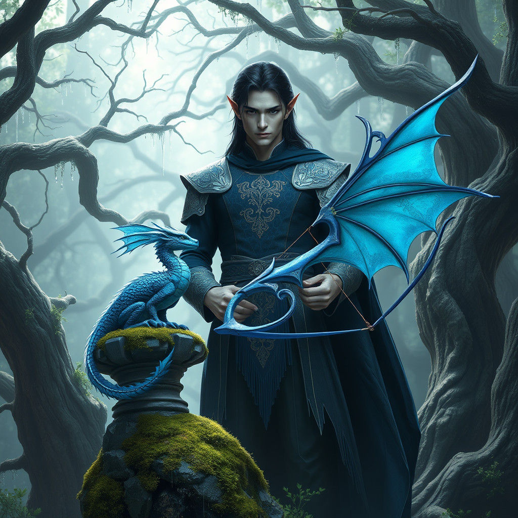 High Elf with Dragon and Bow, Fantasy Art