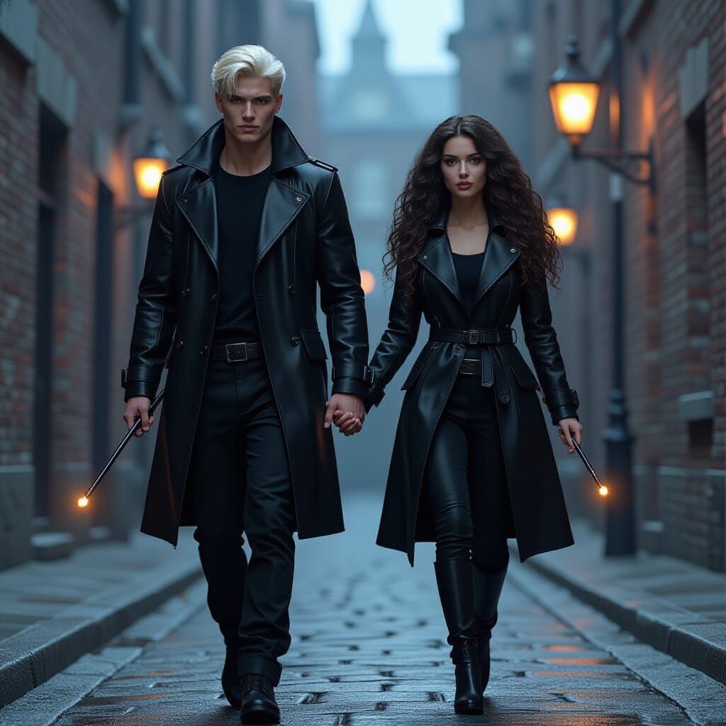 Futuristic Couple with Glowing Wands in Cyberpunk Style