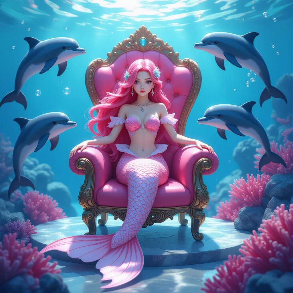 Mermaid on Coral Throne with Dolphins in 3D Anime Style