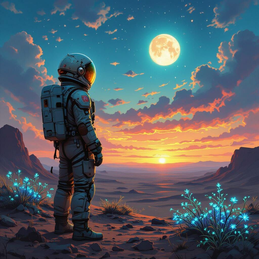 Astronaut's Binary Sunset: Art Nouveau Alien Landscape
