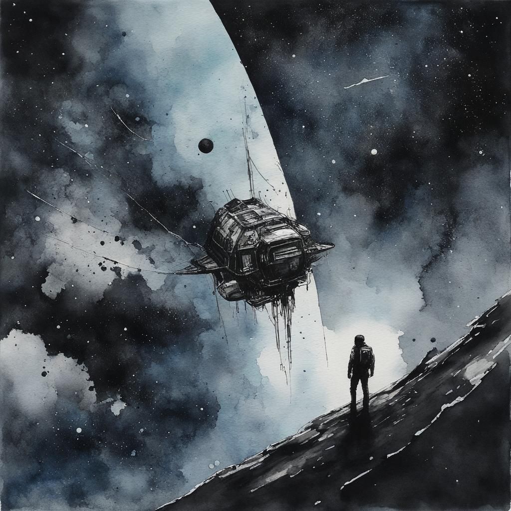 Abandoned Explorer in the Void: Ink and Watercolor