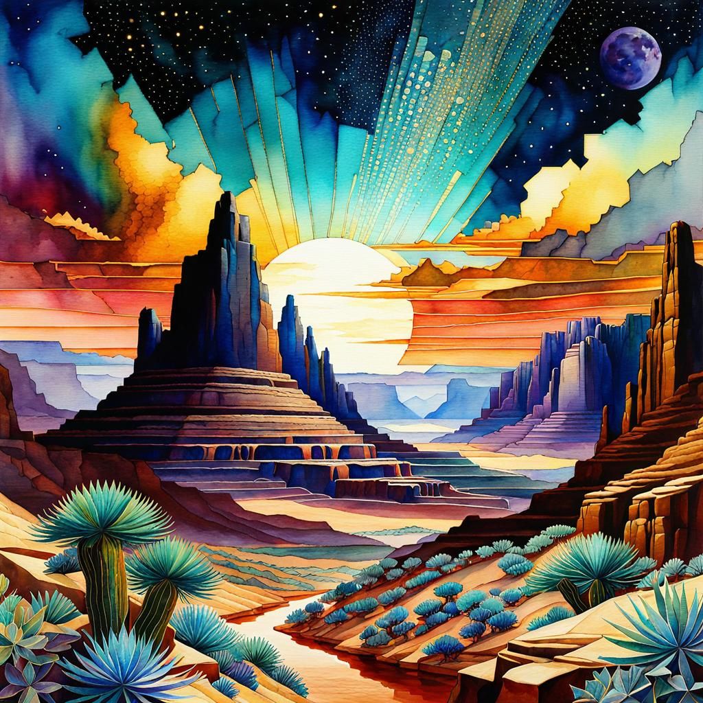 Bismuth Desert Canyon with Geometric Starscape in Art Deco