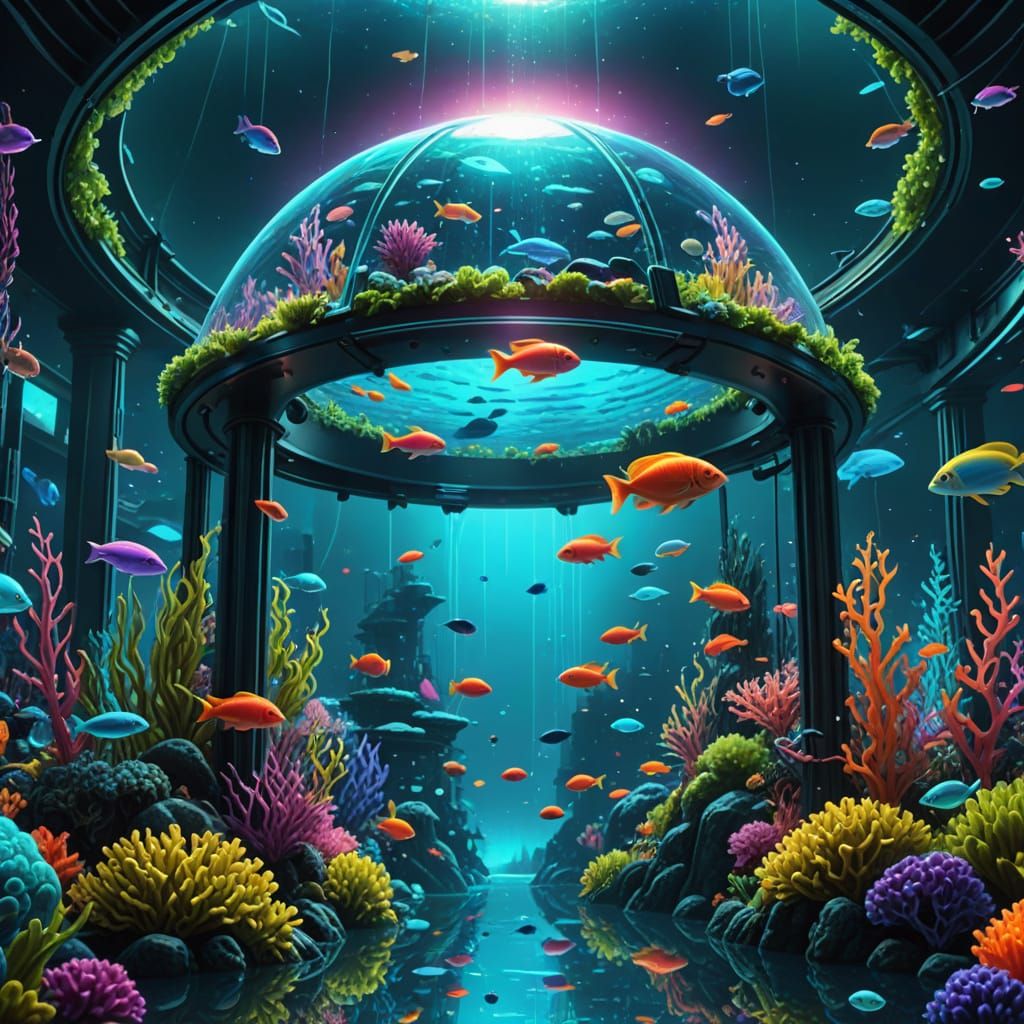 Underwater City in Dome: Bioluminescent Digital Art