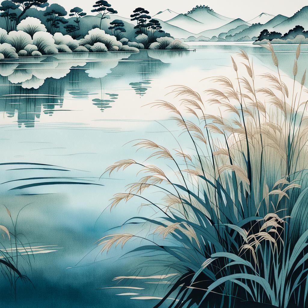 Ukiyo-e Ink Drawing of Chinese Lake Landscape