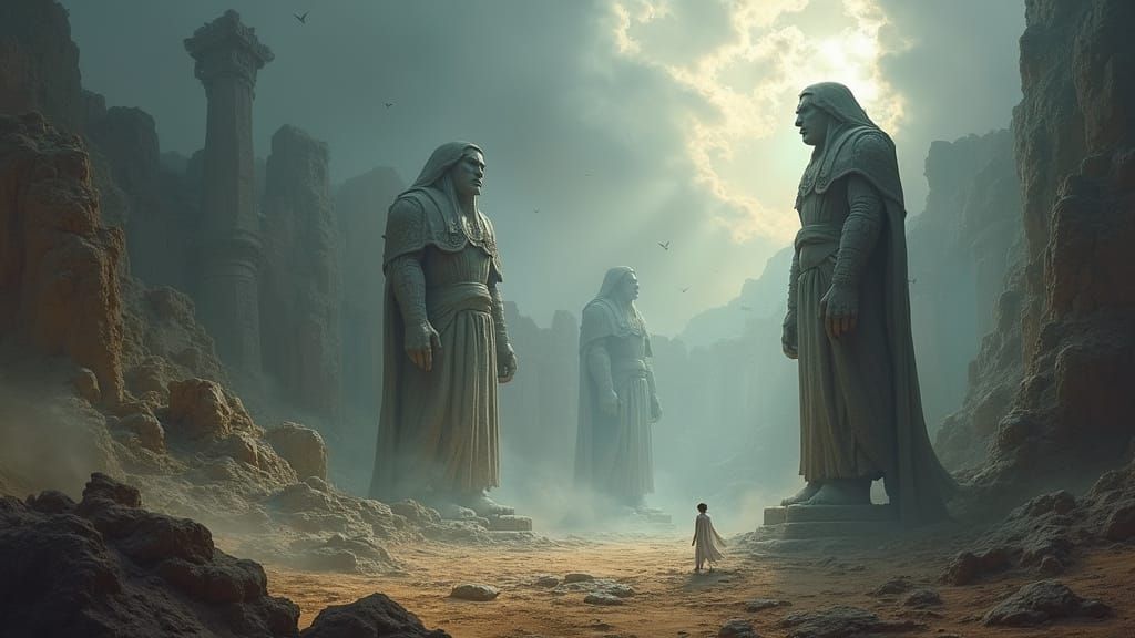 Ancient Stone Guardians in Forgotten City Ruins