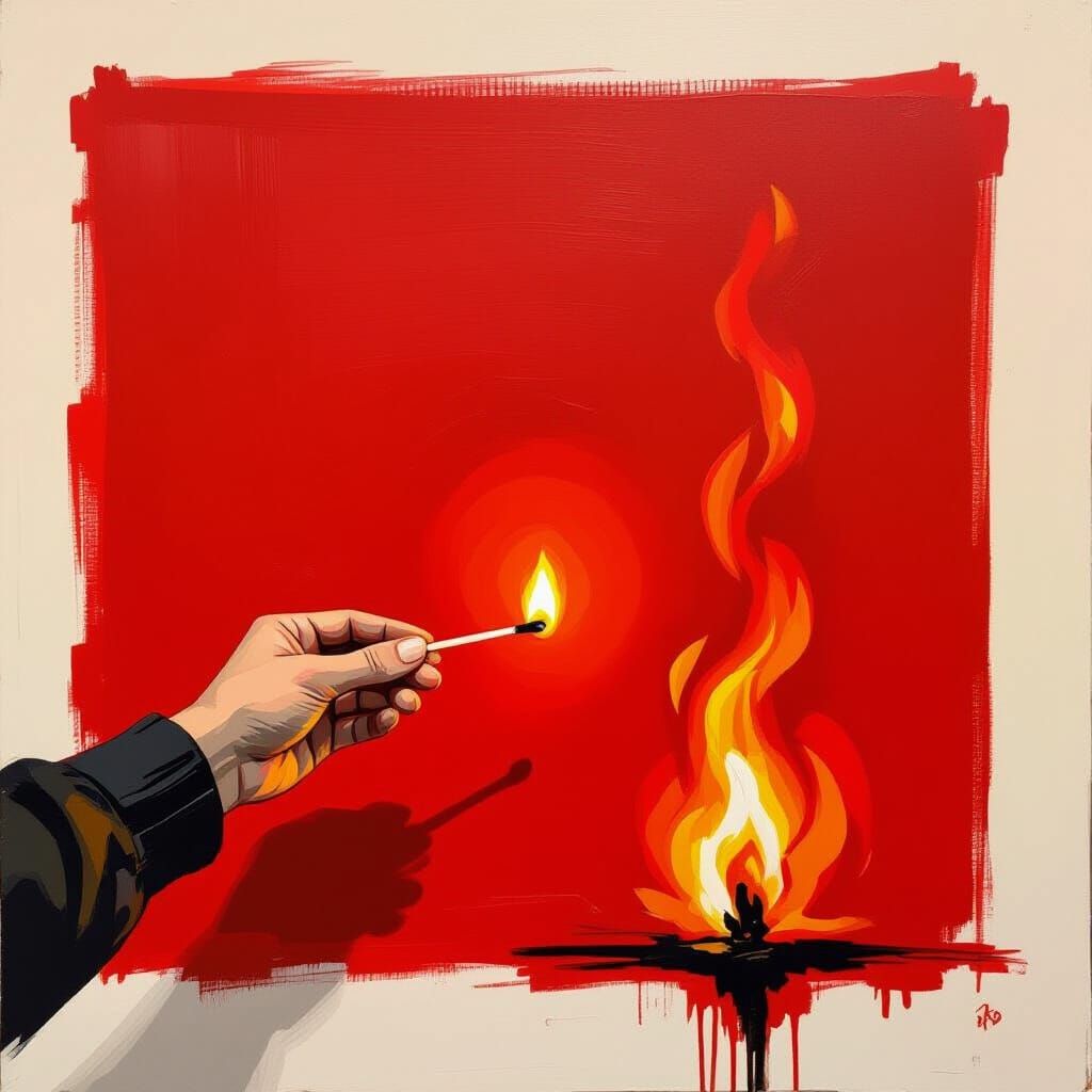 Fiery Abstract Painting with Match in Abstract Expressionism...