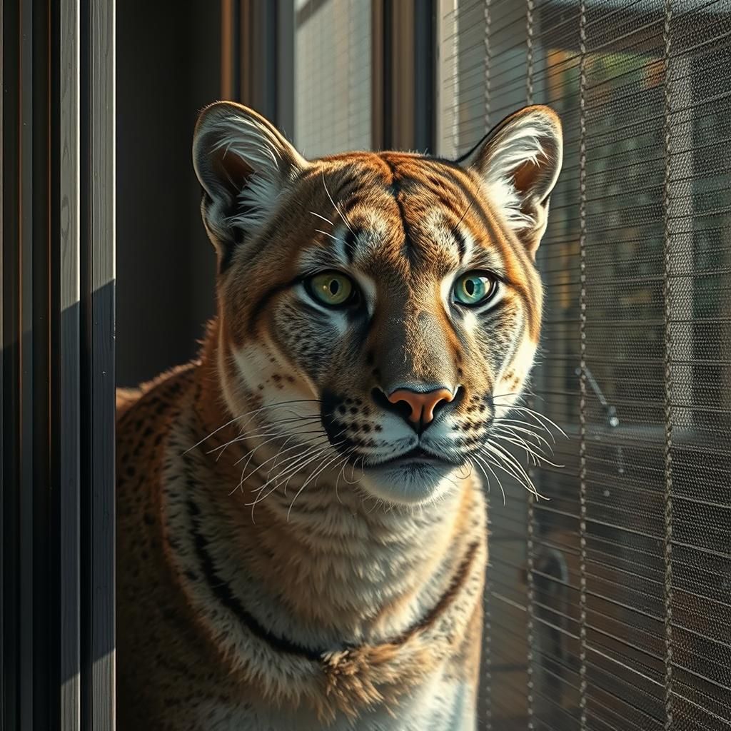 Cougar Stares Through Screen Door: Cinematic Photo