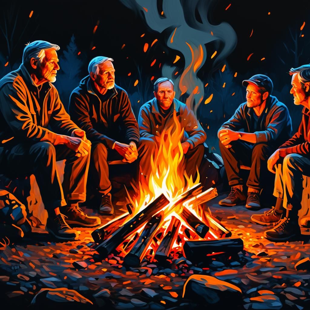 Campfire Scene with Silhouetted Figures in Digital Painting