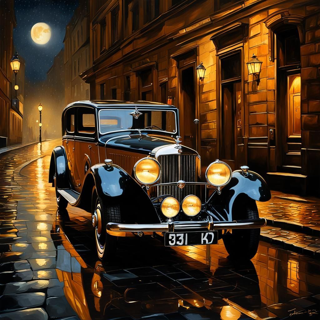 Golden Bentley on Rainy Street, Rembrandt Style