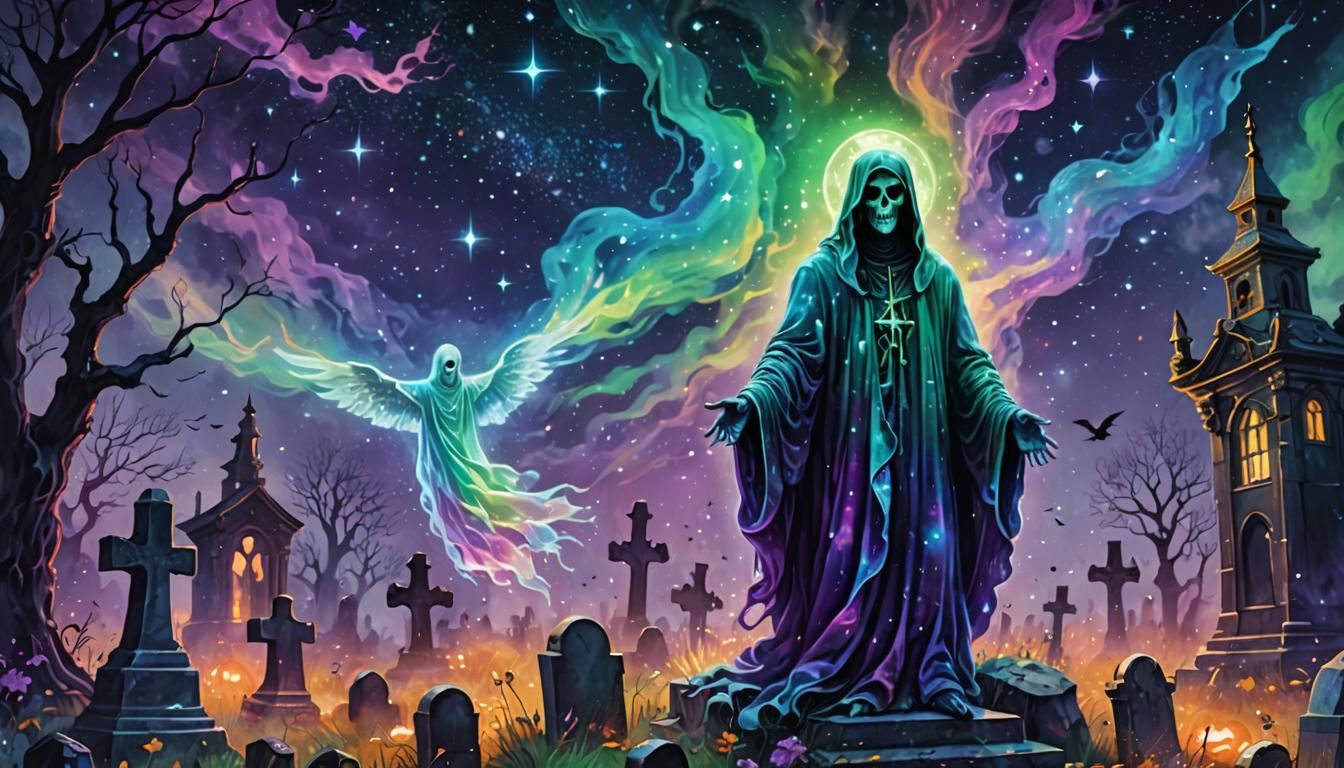 Ghost in Haunted Graveyard, Holographic Astral Illustration