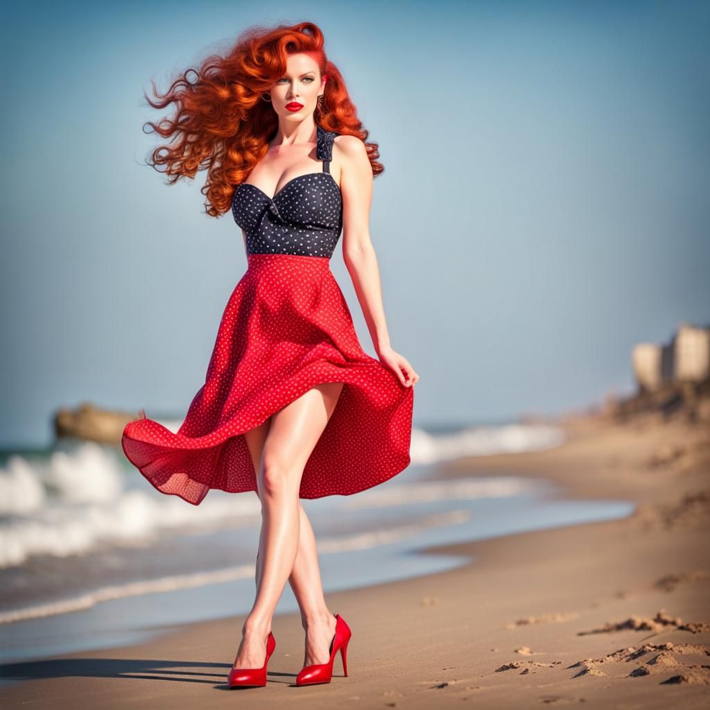 1950s Pin-Up Model on Beach in Photograph