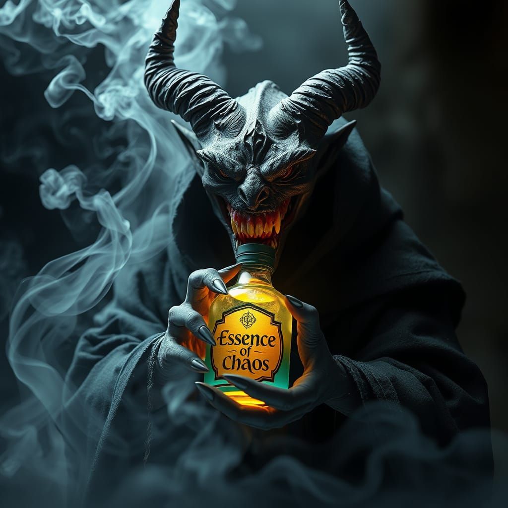 Dark Demon Holds Glowing Potion of Chaos in Mysterious Setti...