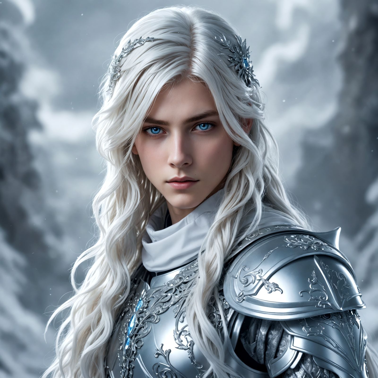 Ethereal Knight in White Armor with Flowing Hair