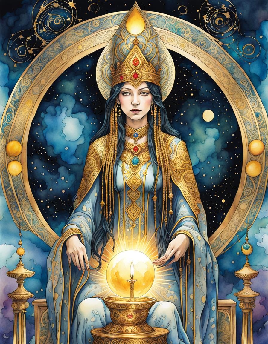 Mystical High Priestess Tarot Card in Watercolor