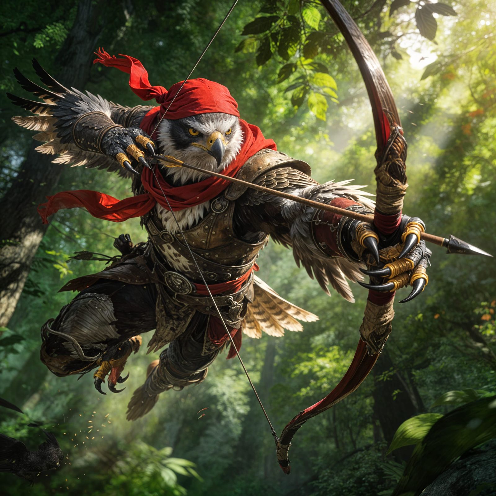 Falcon Warrior Archer Flies Over Forest Canopy