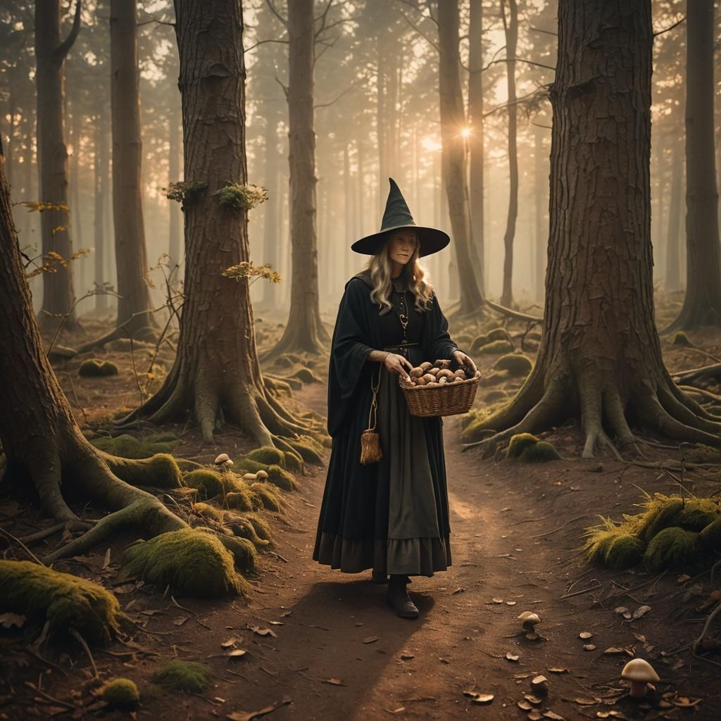 Sunrise Witch Gathering Mushrooms on Forest Path