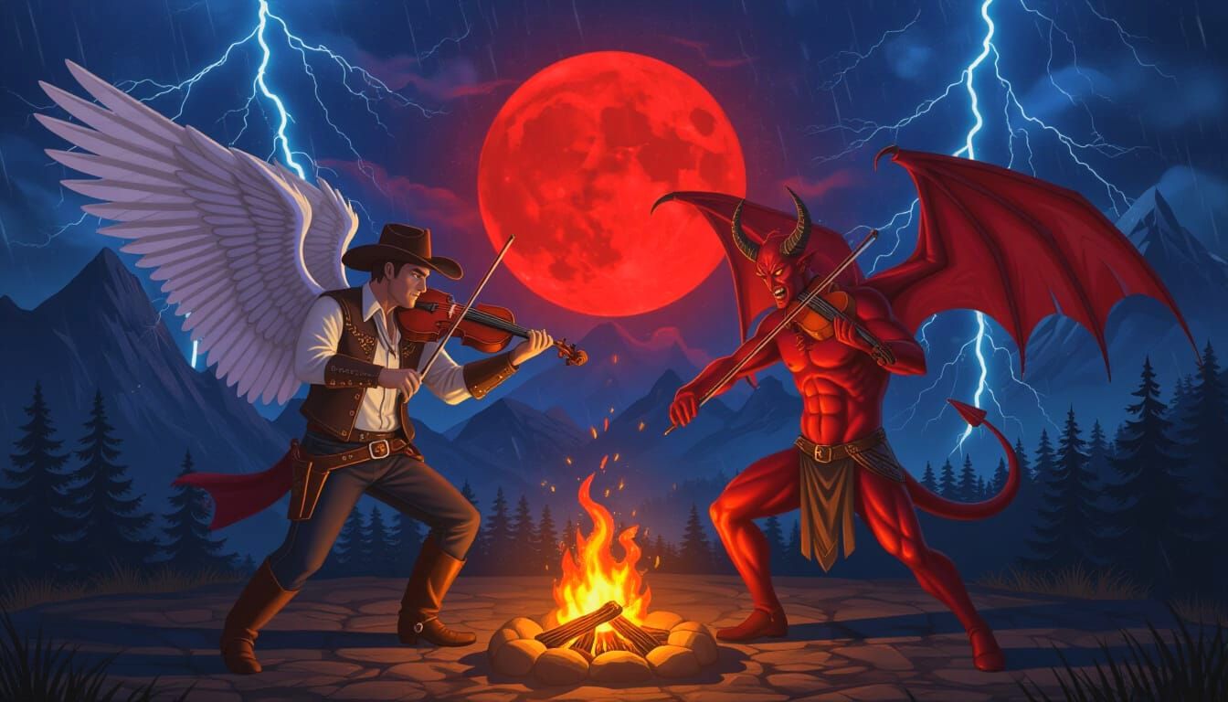 Cowboy and Demon Dancing with Swords Under Red Moon