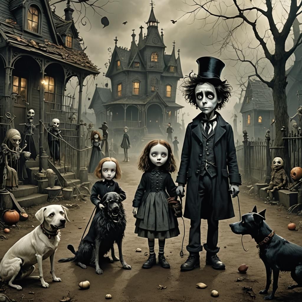 Macabre Children and Dog in Tim Burton Style