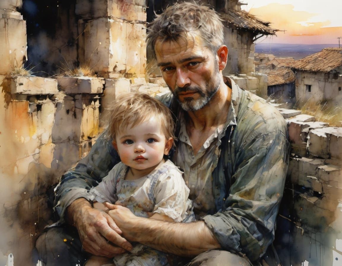 Father and Child in Whimsical Watercolor