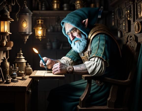 Gnome Repairs Automaton in Dark Fantasy Style