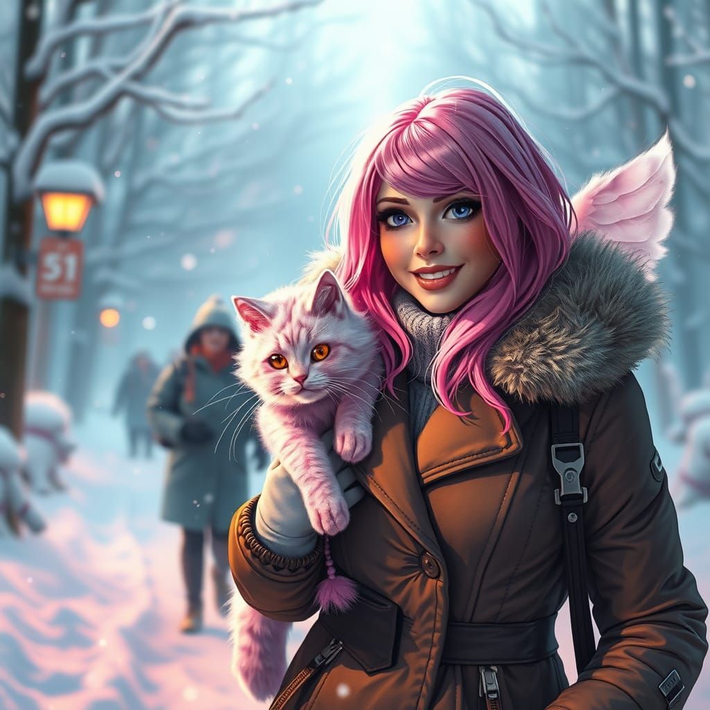 Pink Haired Woman Walks Fluffy Cat in Winter Wonderland