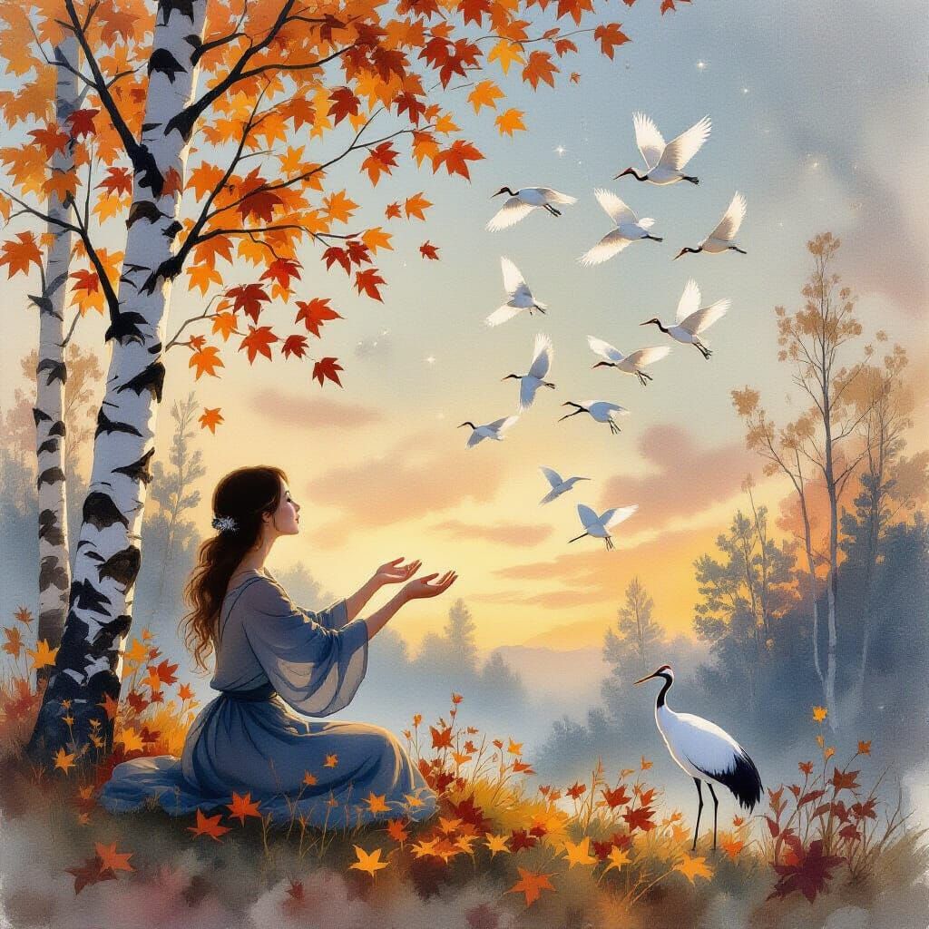 Woman Releasing Birds into Twilight Autumn Sky