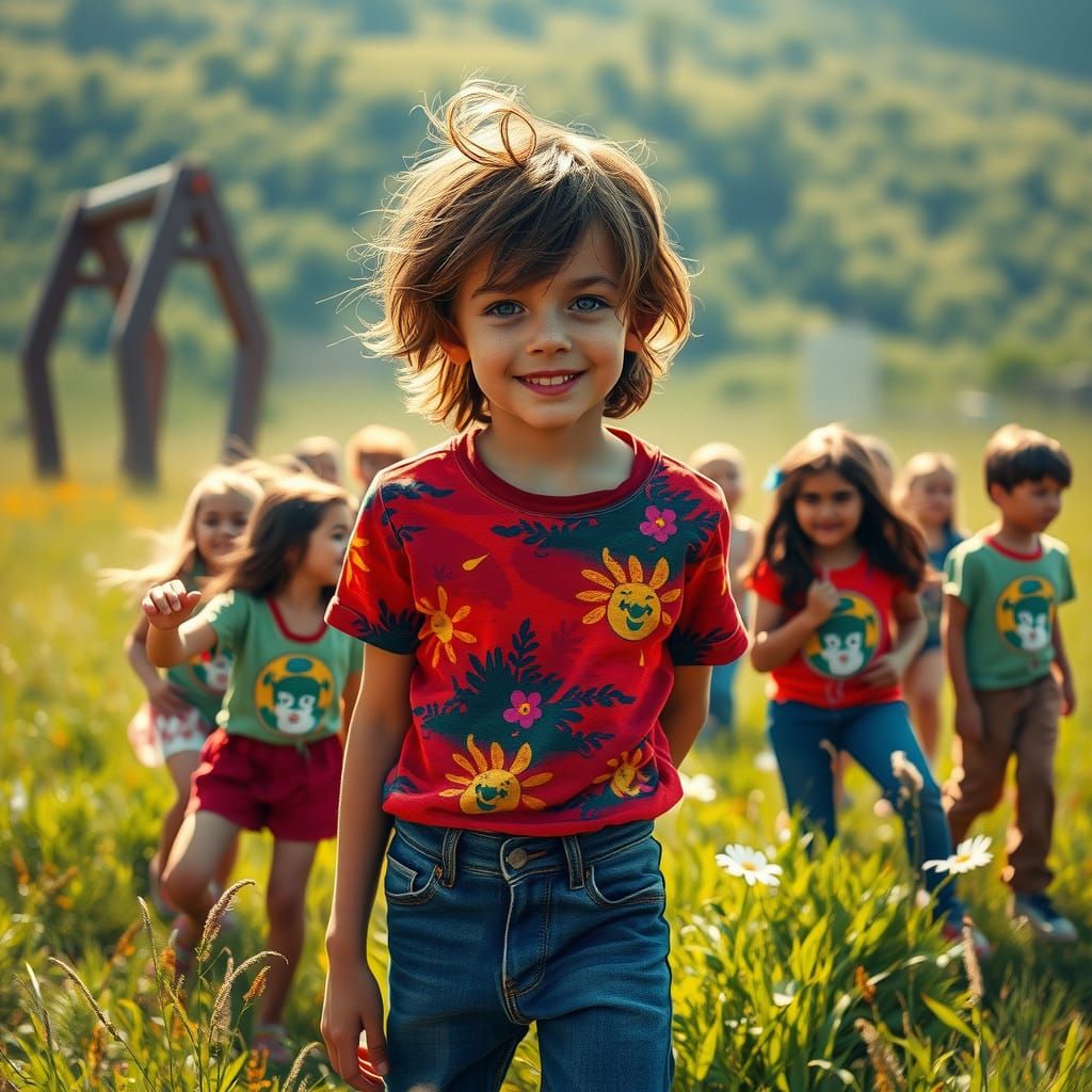 Boy in Field: Hyperrealistic Splash Art
