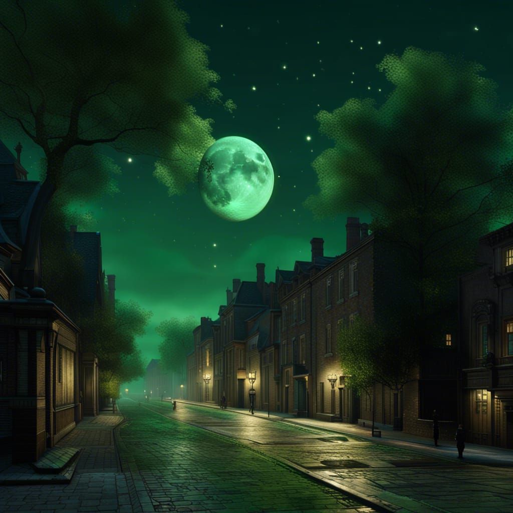 Moonlit Town in Romantic Oil Painting Style