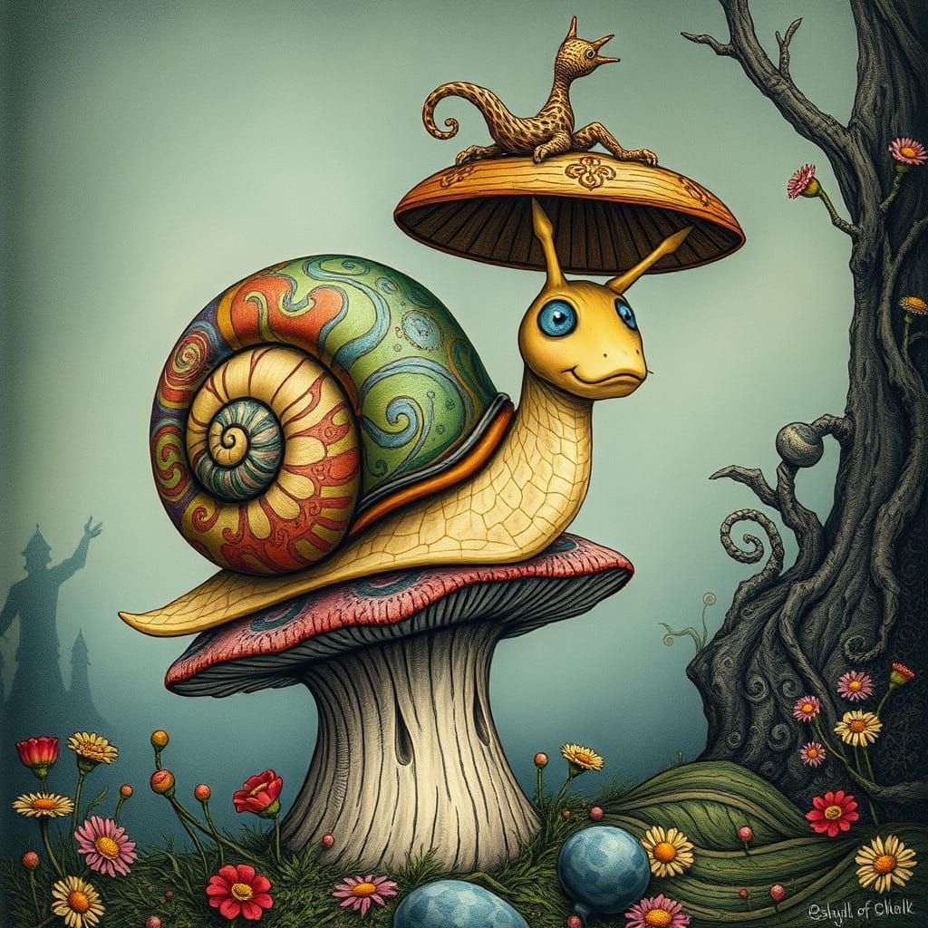 Whimsical Snail on Fantastical Mushroom in Wonderland