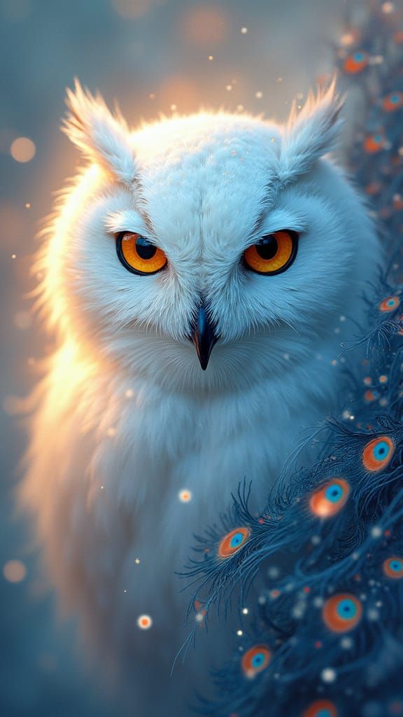 Whimsical Owl-Peacock Hybrid in Iridescent Hues