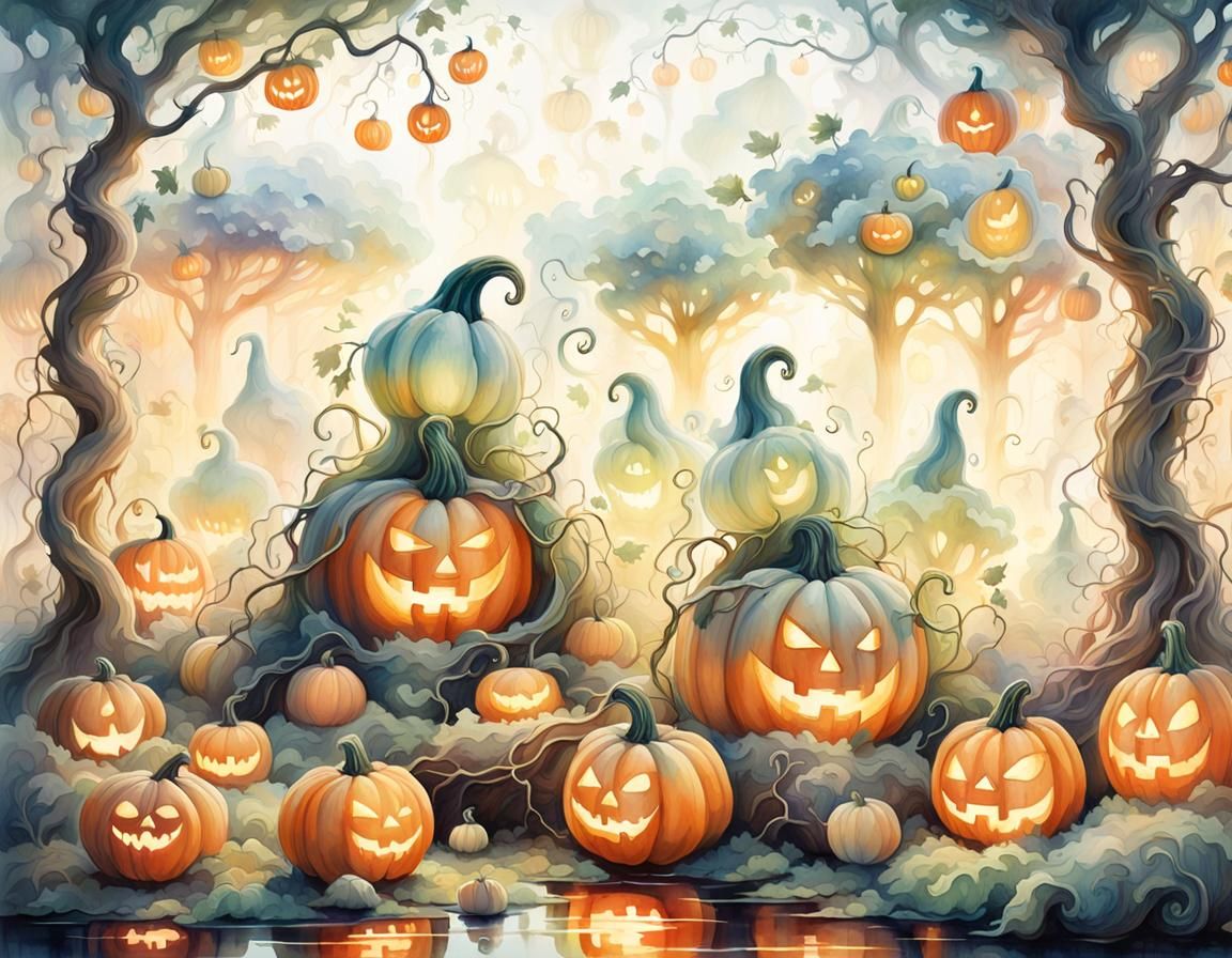 Gourd Spirits in Ethereal Pumpkin Patch, Watercolor