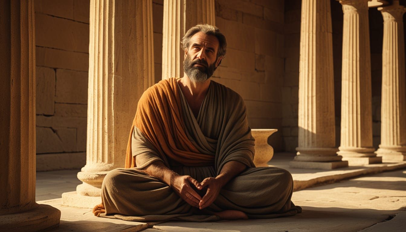 Meditating Man in Greek Temple, Classic Art Style