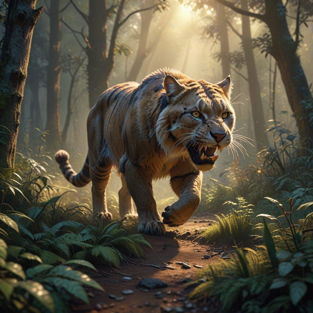 Saber-Toothed Cat Prowling in Golden Light, Digital Art
