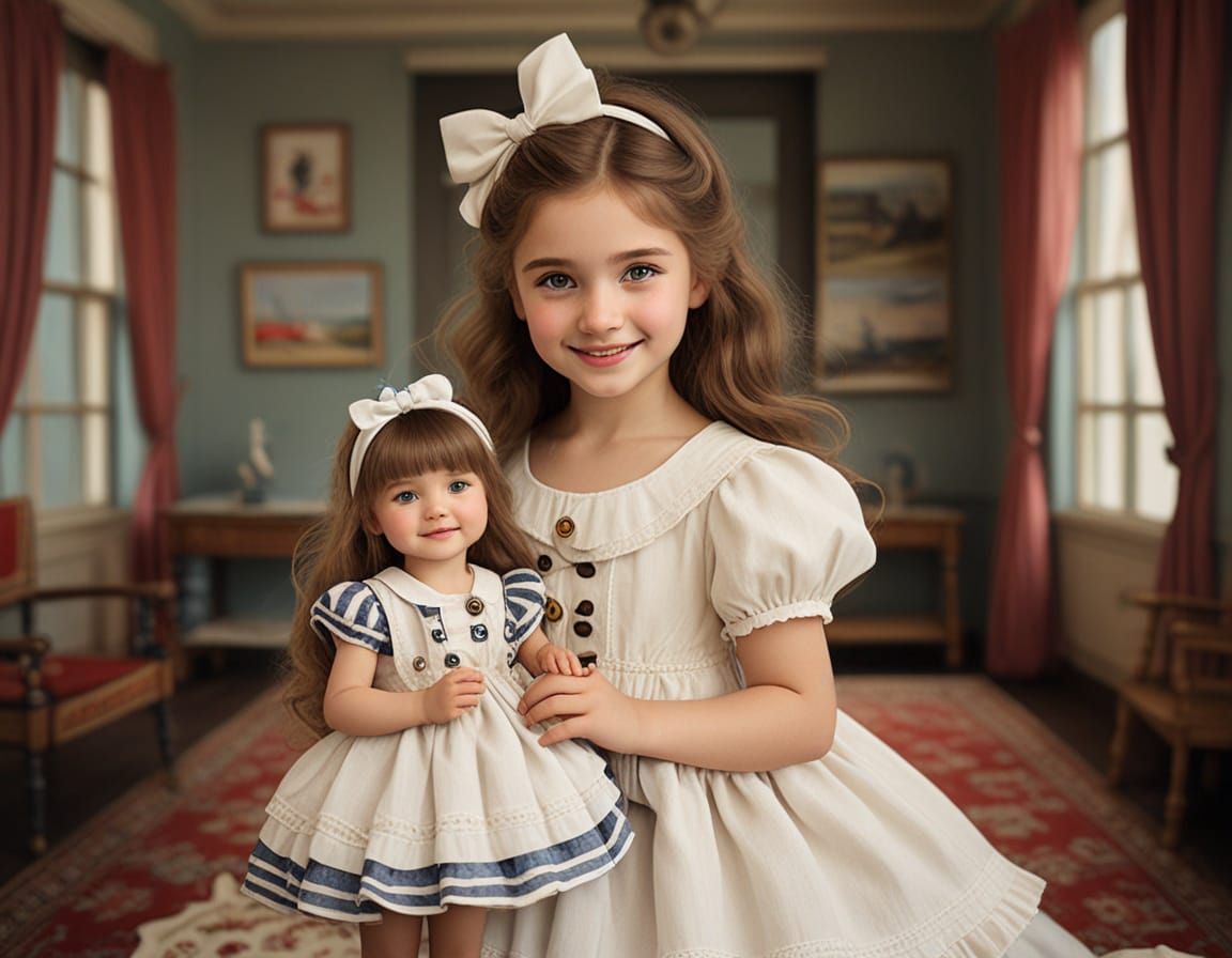 Smiling Girl in Frilly Nautical Outfit on Seaside Background
