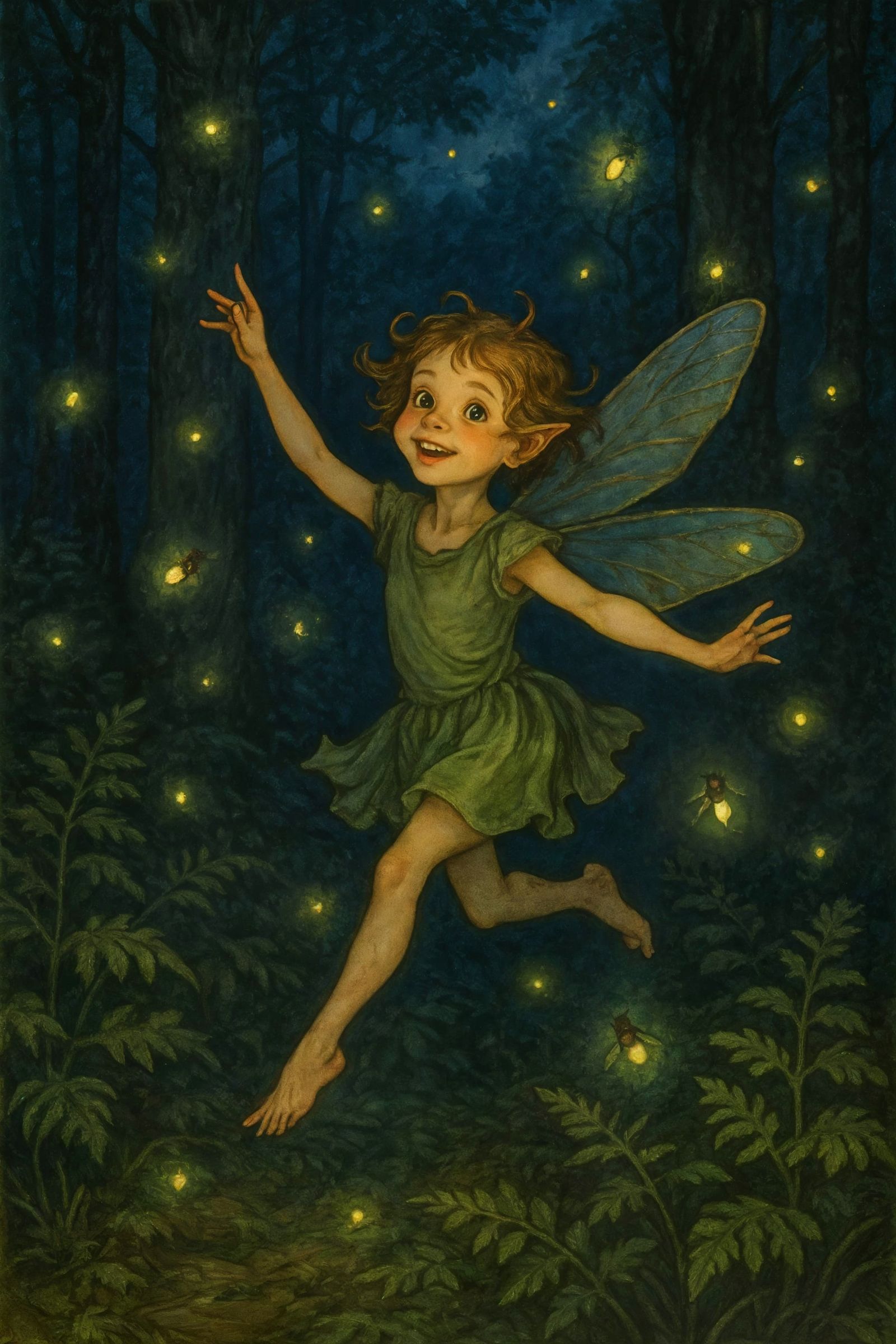 Fairy Dance with Fireflies in Moonlit Forest
