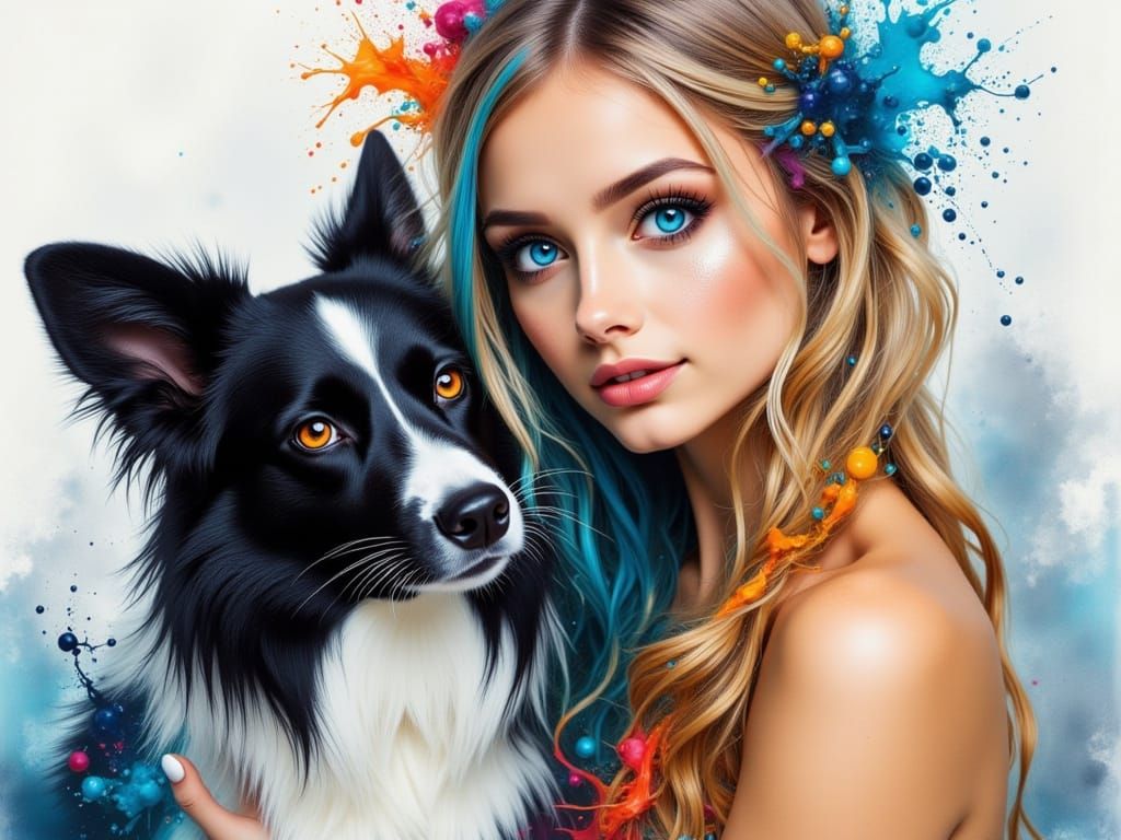 Shy Woman with Border Collie in Ethereal Ink Splatter Art