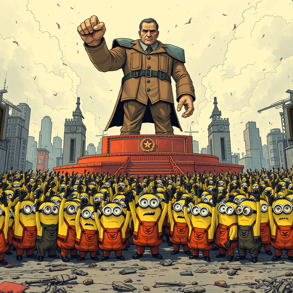 Minions Salute Leader in Dystopian Comic Art Style