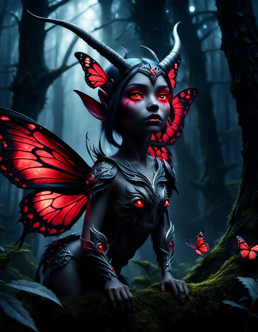 Little Demon Dark Fairy in Smoky Forest