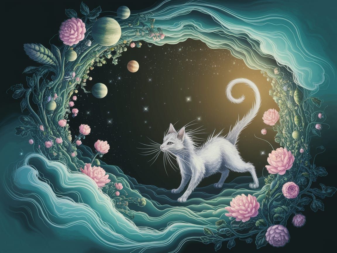 Dragon-Cat Enters Fairy Portal in Chinese Ink Painting