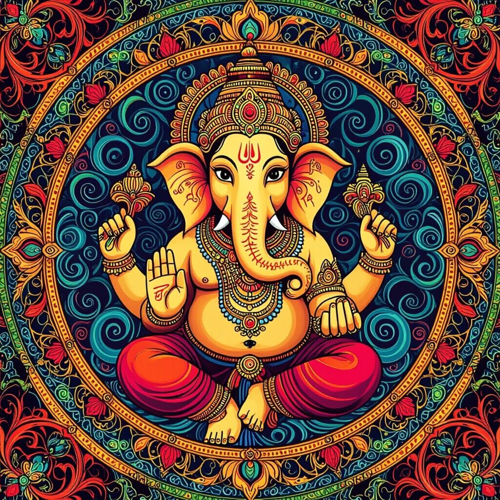 Intricate Mandala of Lord Ganesha in Psychedelic Style