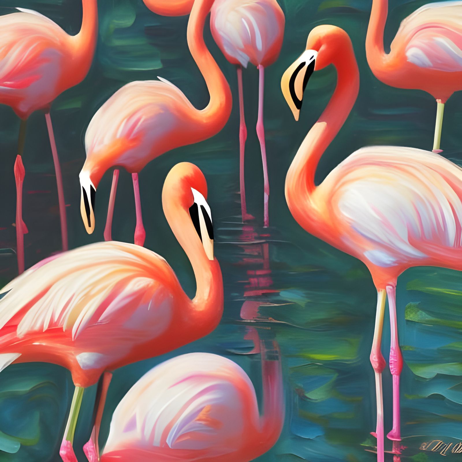 Pink Flamingos in African Lake: Expressionist Oil Painting