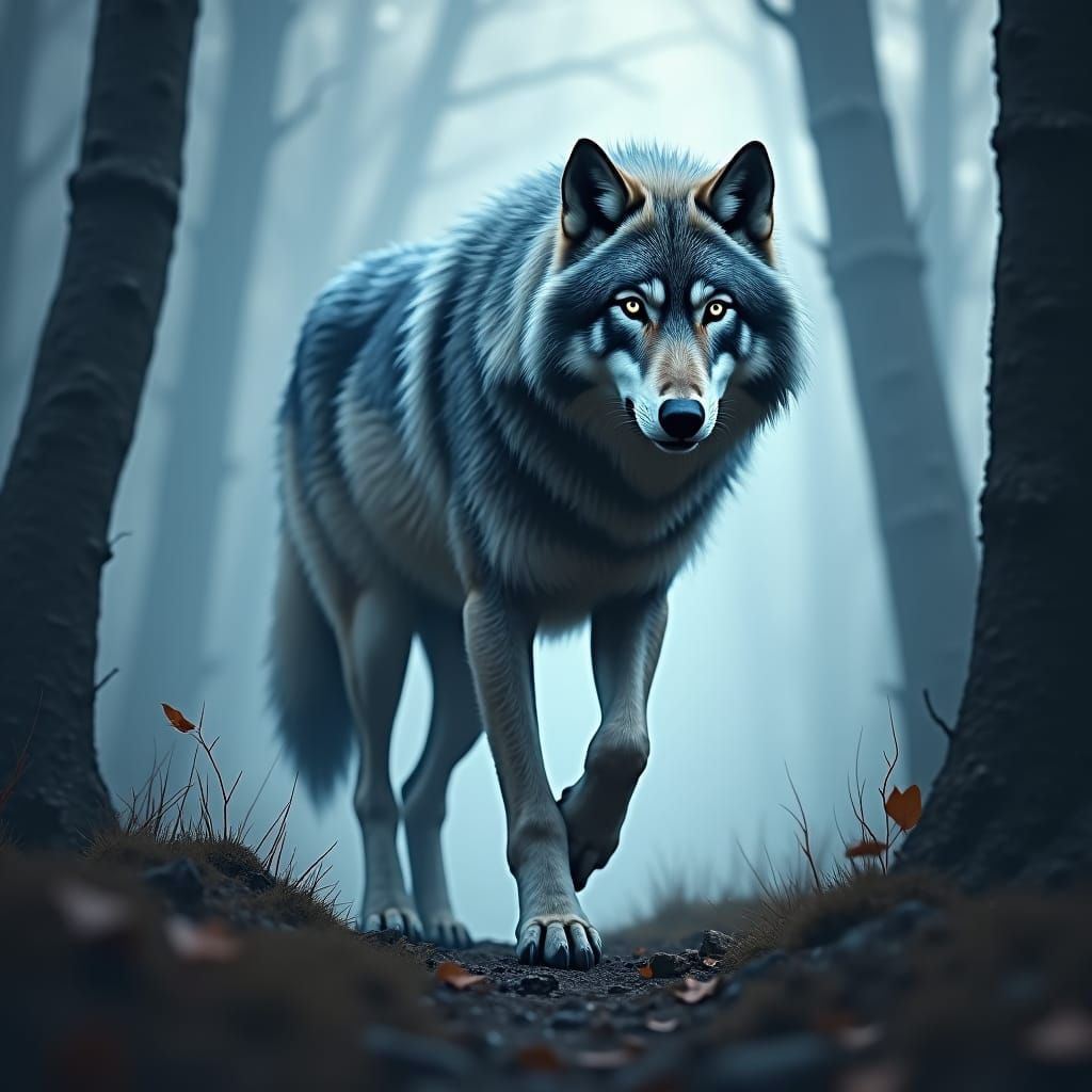 Wolf Emerges from Mystical Fog in Dark Realism Style
