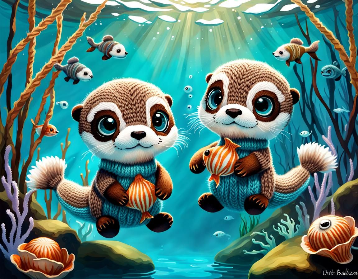Knitted Otter Plush Toys in Underwater Wonderland